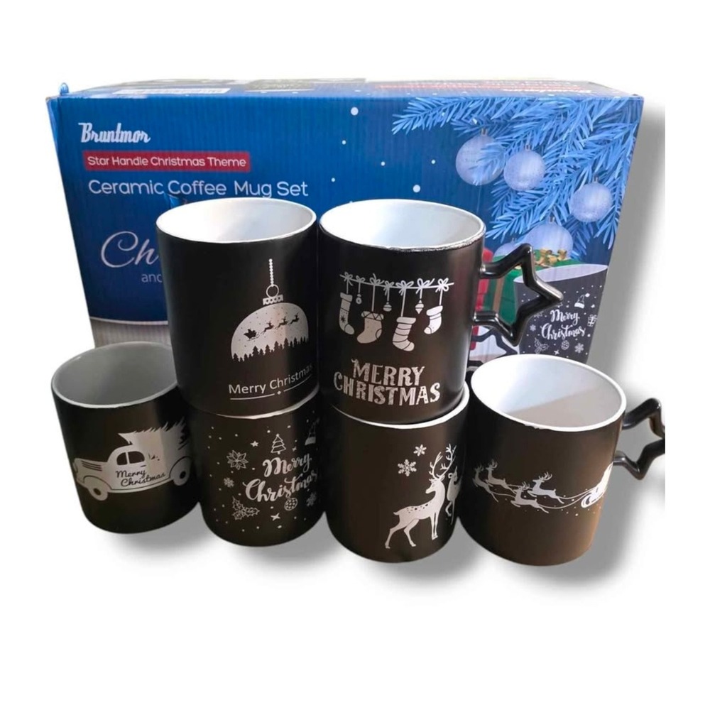 Bruntmor Star Handle Christmas Theme Ceramic Coffee Mug Set 6pc Black White 14oz